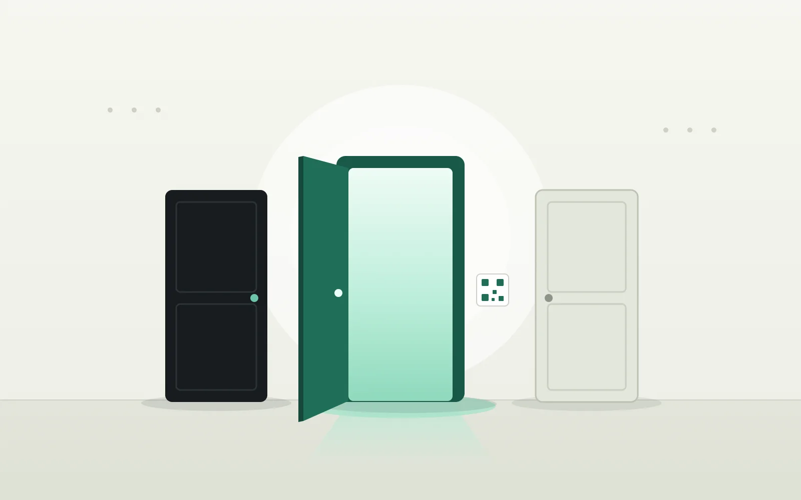 Three doors side by side — a dark closed door, an open emerald door spilling light with a QR plaque beside it, and a plain stone door