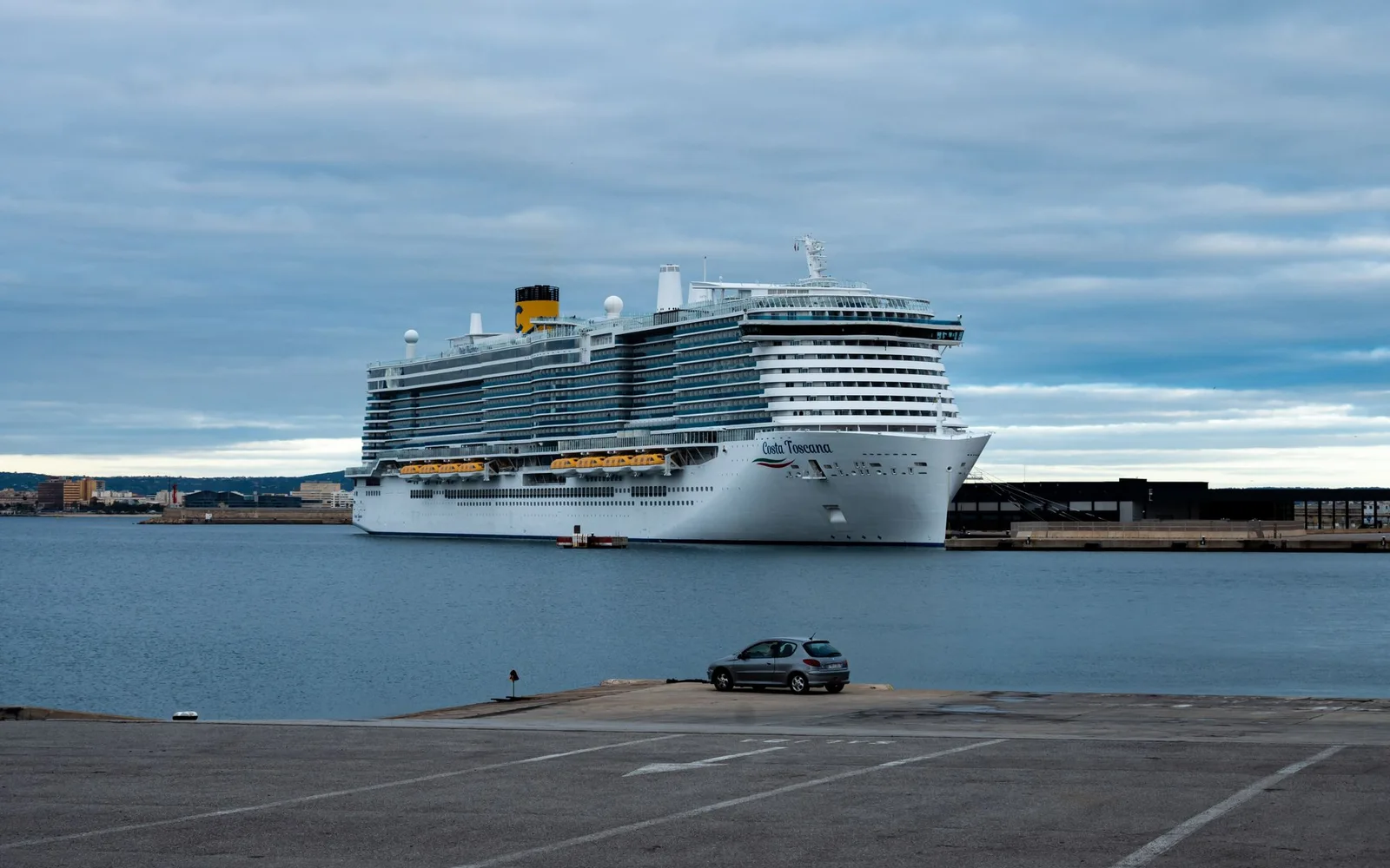 A large ocean cruise ship docked beside a port road under a cloudy sky